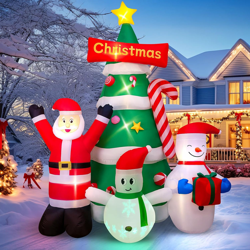 9Ft Christmas Inflatables Tree Decorations with Santa Snowman | Built-in LED Lights Blow Up Christmas Tree Outdoor