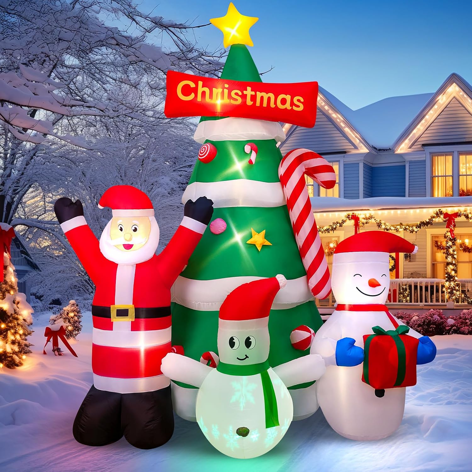 9Ft Christmas Inflatables Tree Decorations with Santa Snowman | Built-in LED Lights Blow Up Christmas Tree Outdoor