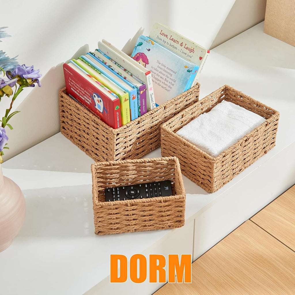 Small Wicker Basket for Organizing, Woven Storage Basket Set of 3 - Handwoven Natural Paper Rope Baskets to Declutter