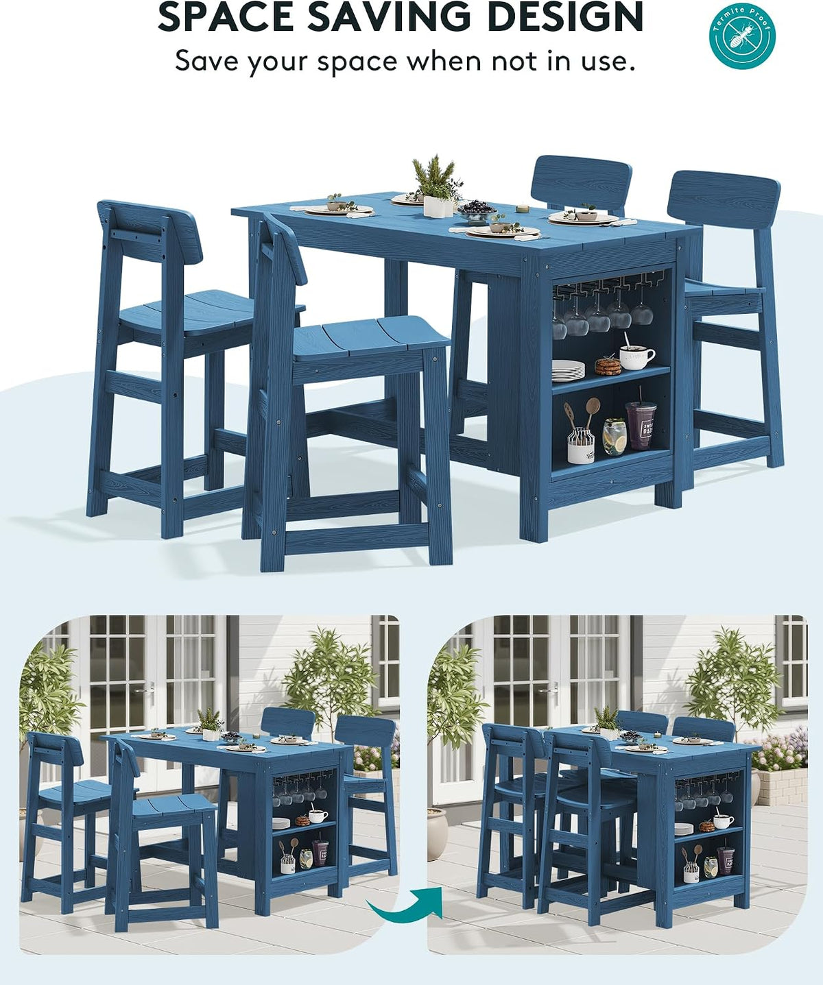 Outdoor HDPE Counter-Height Bar Stools Set of 2, Blue
