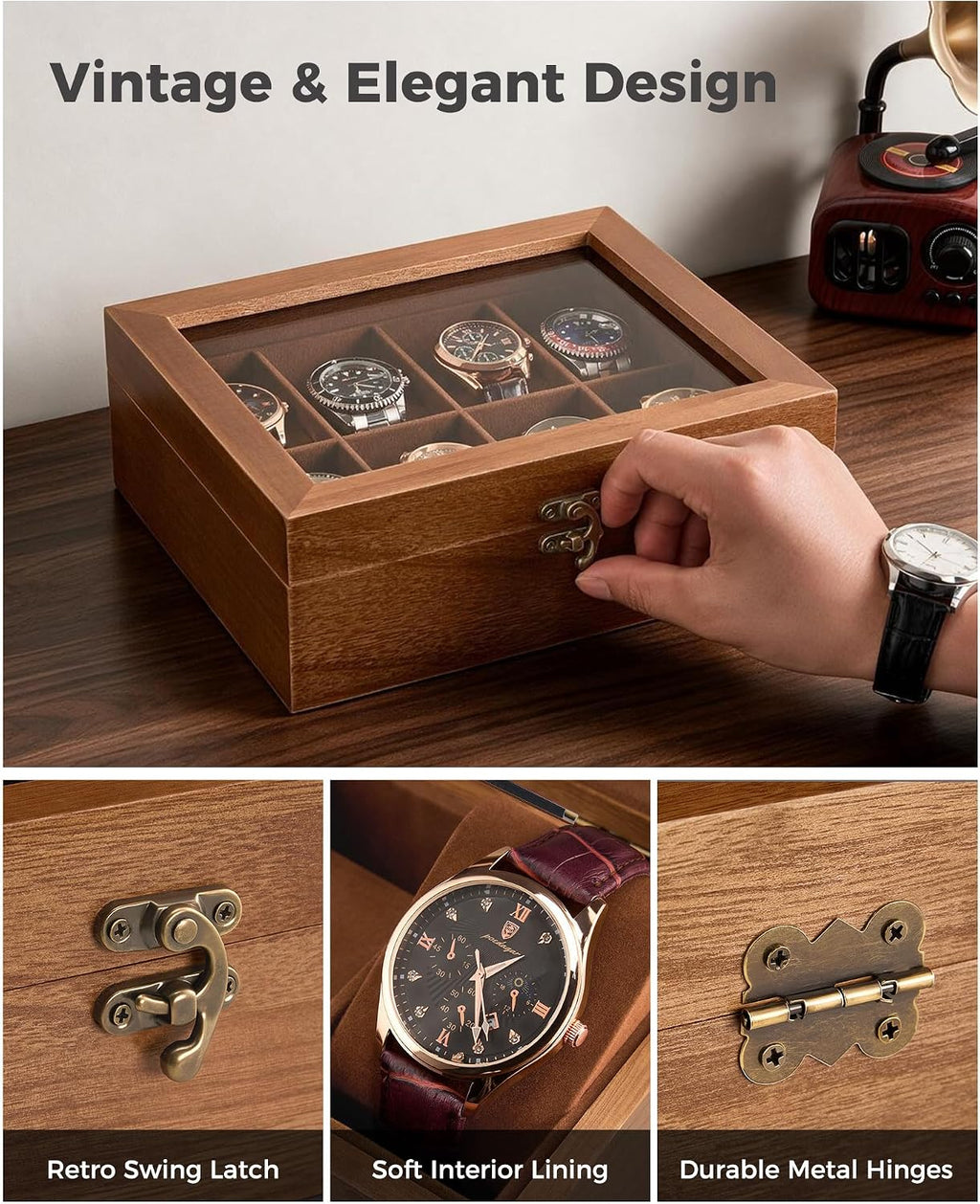 8 Slot Wooden Watch Display Case With Glass Lid, Organizer | Elegant Wooden Watch Box With Glass Lid And Soft Lining