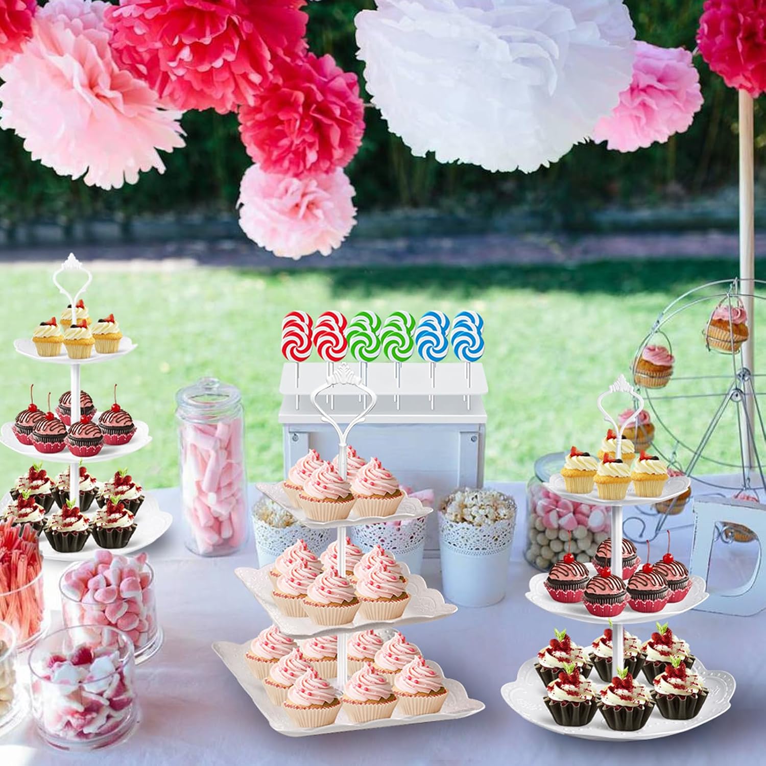 10Pcs Cupcake Stand,Dessert Table Display Set, 4 White 3 Tired Cake Stand 6 Plastic Serving Trays for Party Cookie