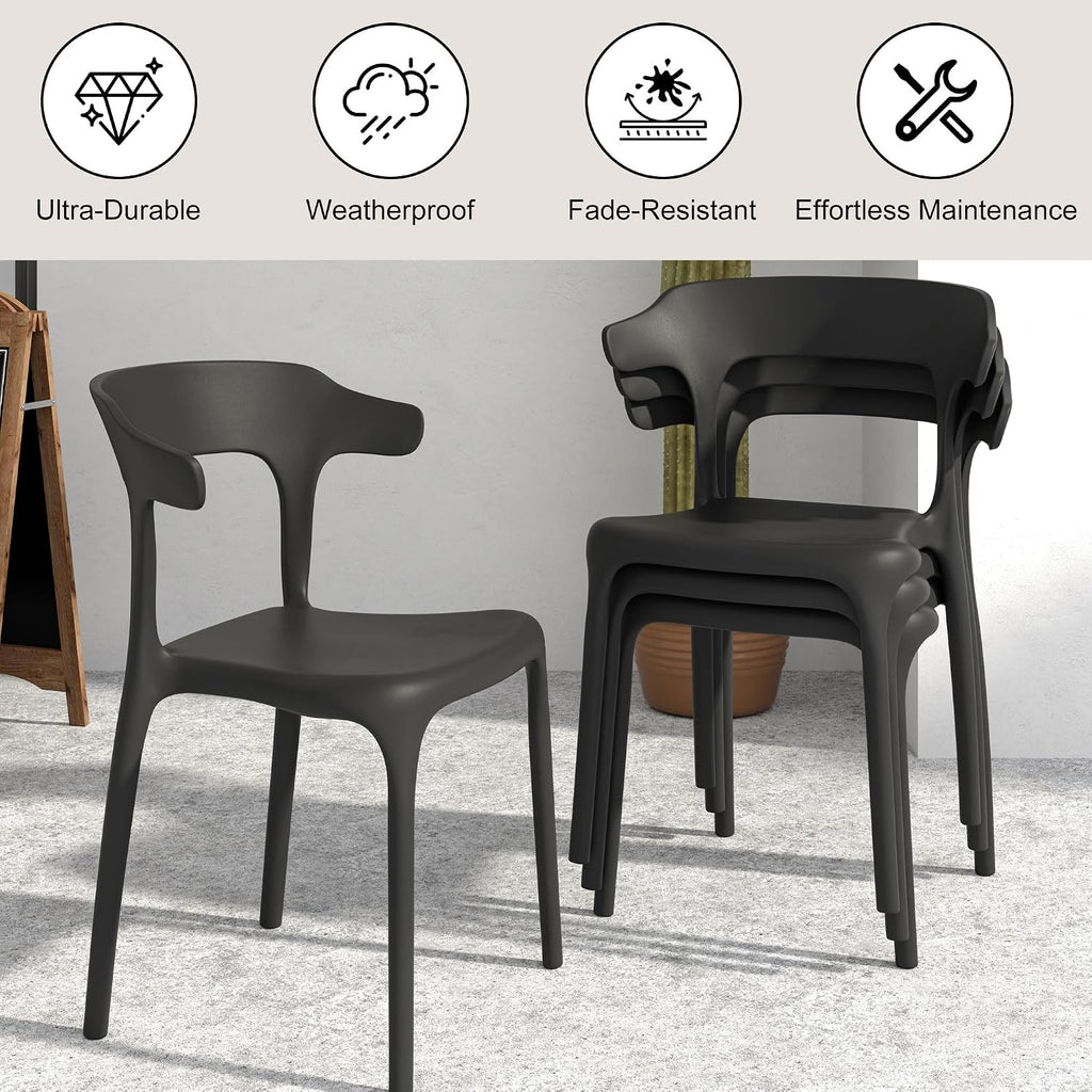 4 Pack Plastic Stacking Chairs, Stackable Dining Chairs for Kitchen Patio, Portable Indoor Outdoor Use, No Assembly