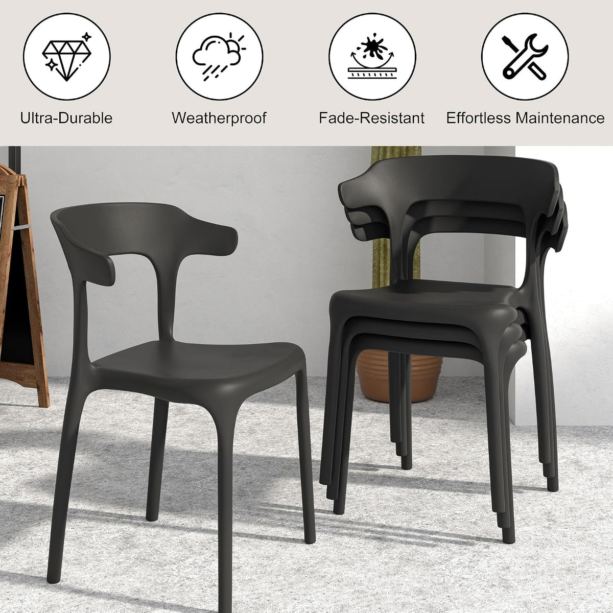 4 Pack Plastic Stacking Chairs, Stackable Dining Chairs for Kitchen Patio, Portable Indoor Outdoor Use, No Assembly
