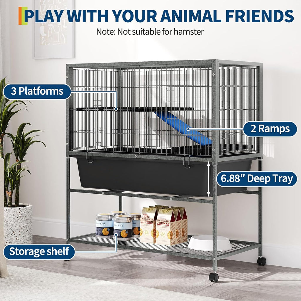 Ferret Cage, 40.4" h Large Ferret Nation Cage with 3 Removable Platforms, Deep Tray, Storage Shelf, Metal Small