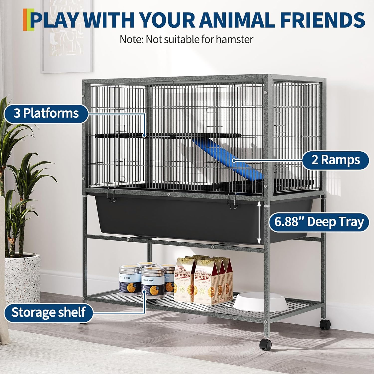 Ferret Cage, 40.4" h Large Ferret Nation Cage with 3 Removable Platforms, Deep Tray, Storage Shelf, Metal Small