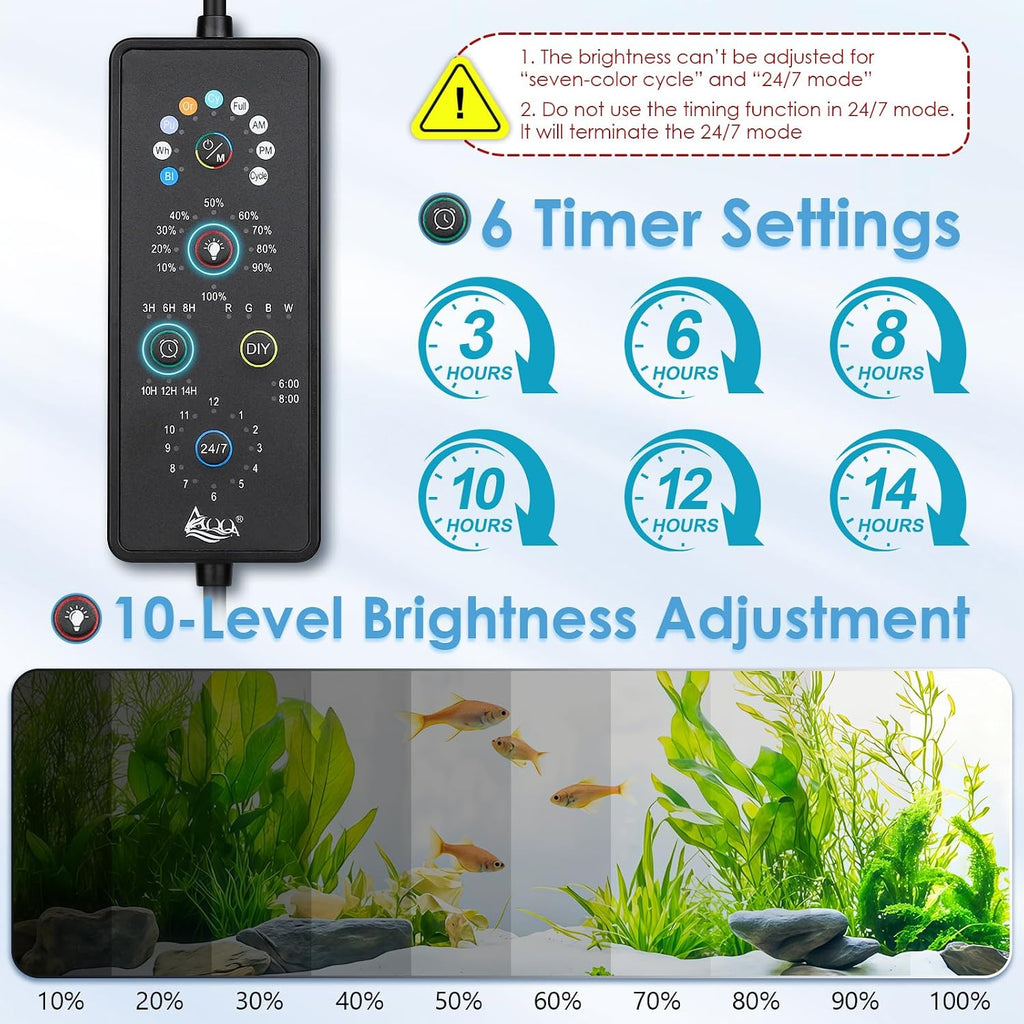 Clip On Aquarium Light for Plants Full Spectrum Fish Tank Light | 24/7 Natural Mode & DIY RGBW Mode, 6 Timer