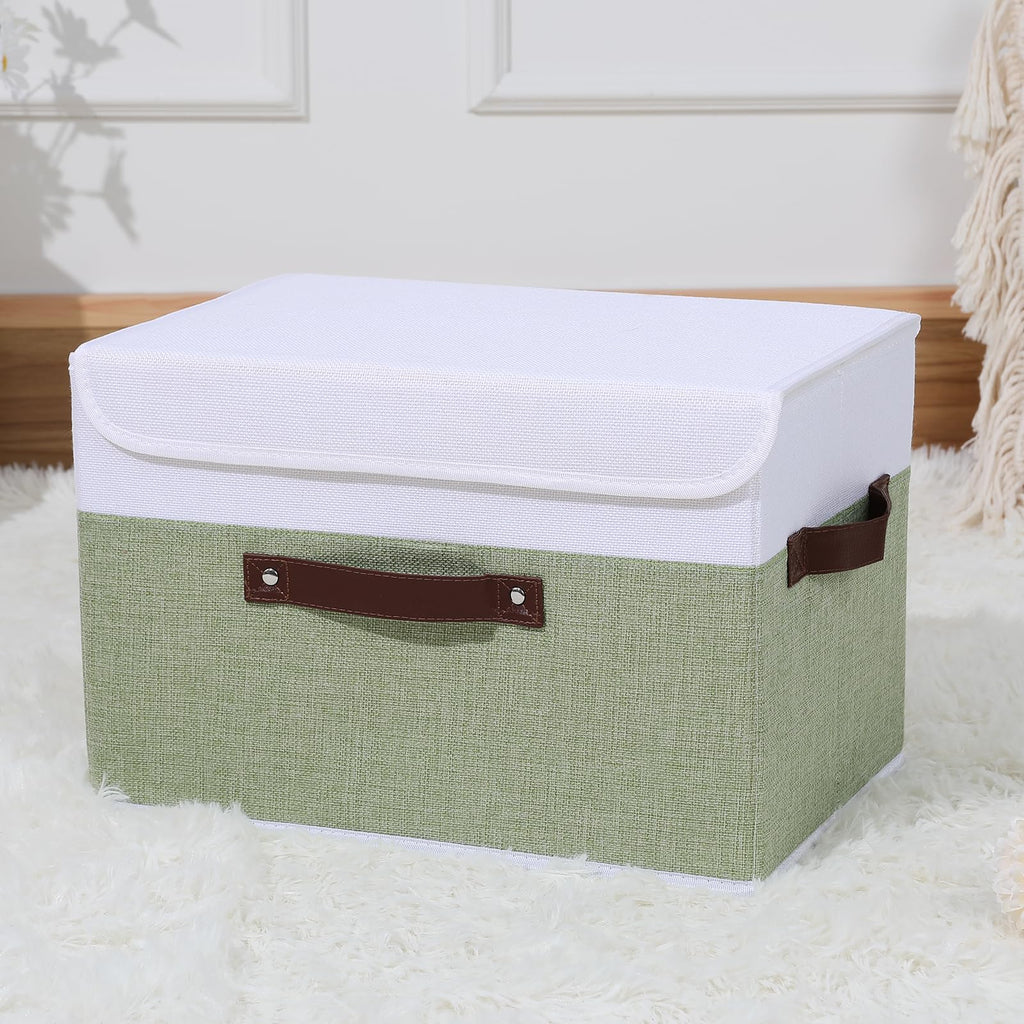 Fabric Storage Box Bins with Lids, Green White, 15"x10"x10"