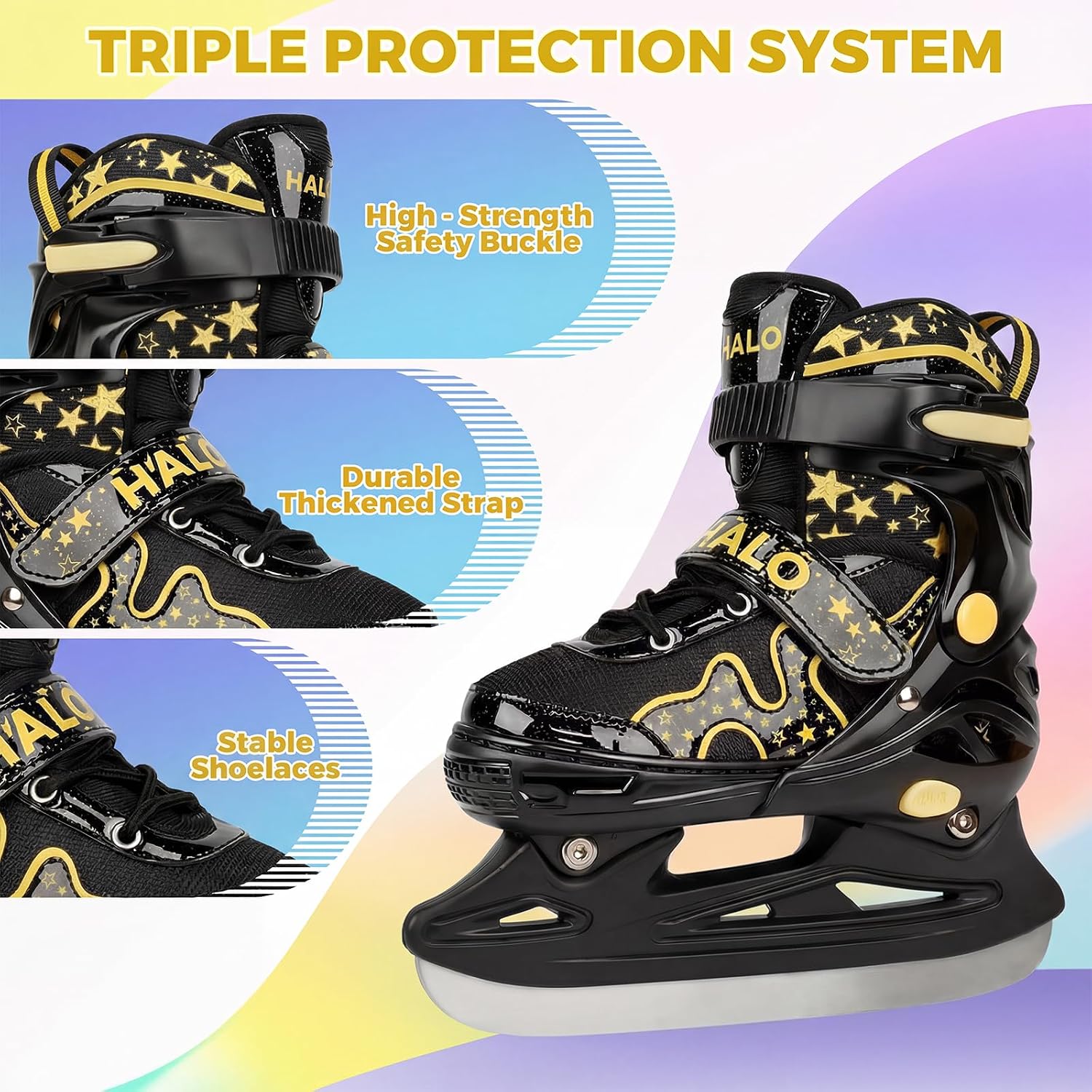 Ice Skates for Kids Girls Boys with Glitter Star, Adjustable Skates for Beginner with Triple Safety Closure, Gradient