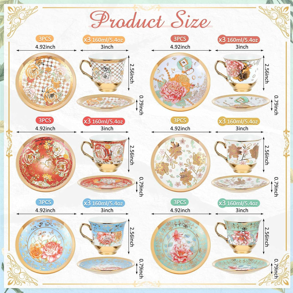 Set of 18 Tea Cups and Saucers, Stylish Style, 5.4 oz