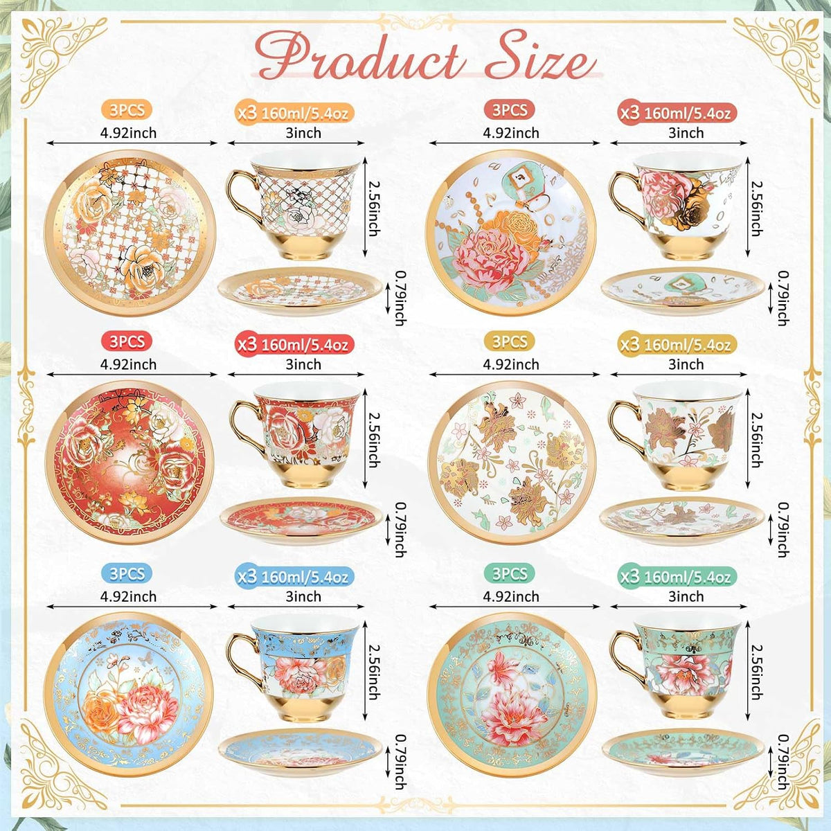 Set of 18 Tea Cups and Saucers, Stylish Style, 5.4 oz