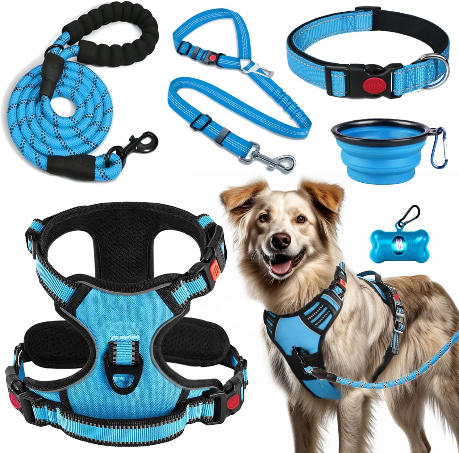 No Pull Dog Harness, Collar & Leash Set | Includes Dog Seat Belt, Collapsible Bowls & Poop Bag Dispenser. Ideal for