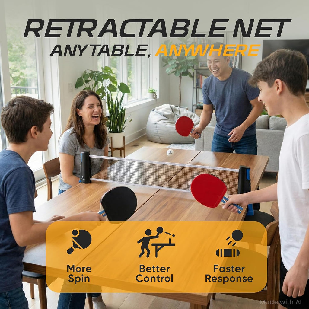 Velocity Table Tennis Paddle Set – 2 Ping Pong Rackets with ITTF-Approved Rubber, Retractable Net System, 3-Star