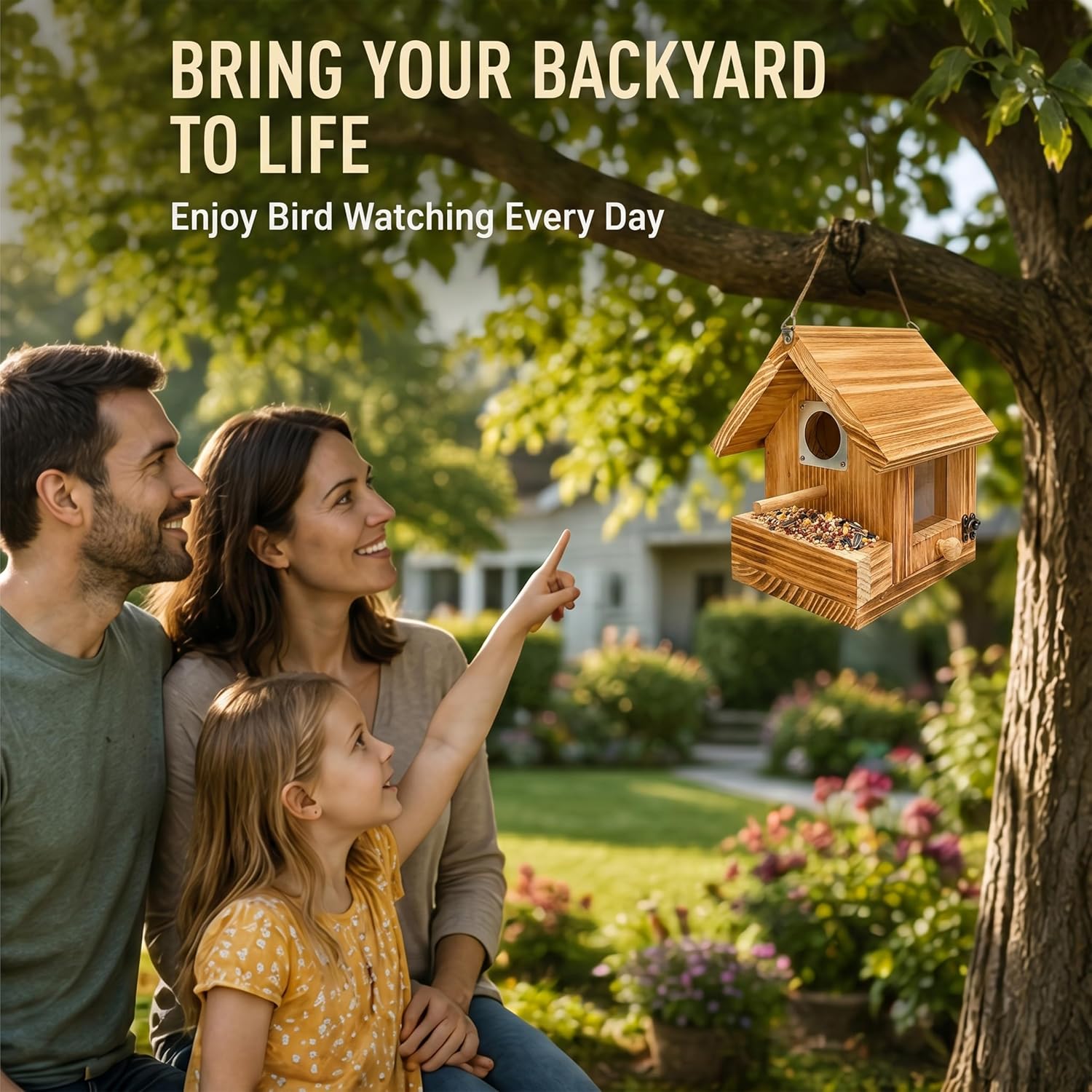 2-in-1 Wooden Bird House for Outside with Feeder, Hanging Birdhouse, Clear Window & EasyClean Door, Carbonized Solid