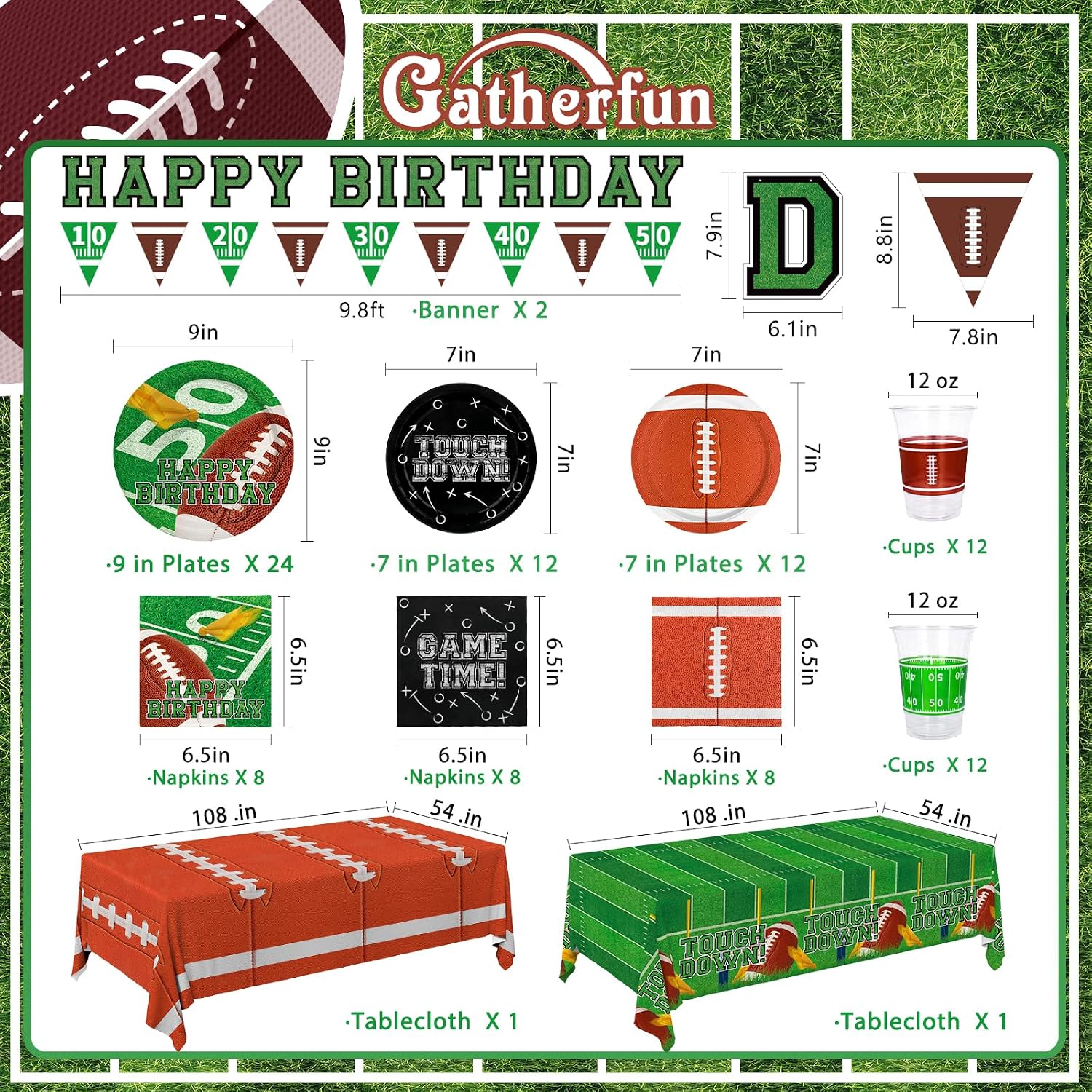 Football Birthday Party Decorations Kit for 24: Football Party Supplies Set with Plates, Dessert Plates, Napkins