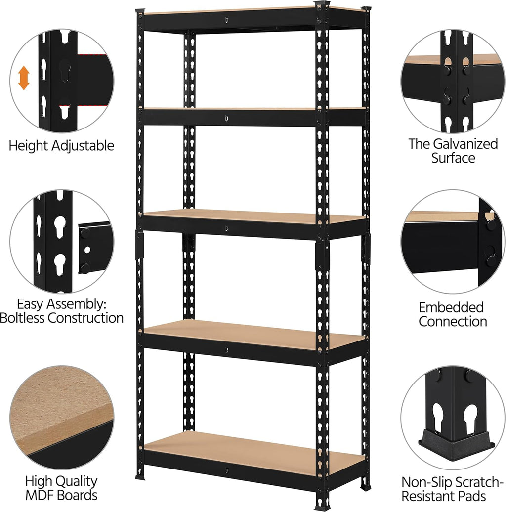 5-Tier Utility Shelves, Metal Storage Shelves, Adjustable Shelving Units, Boltless Assembly, Garage Shelves Shed