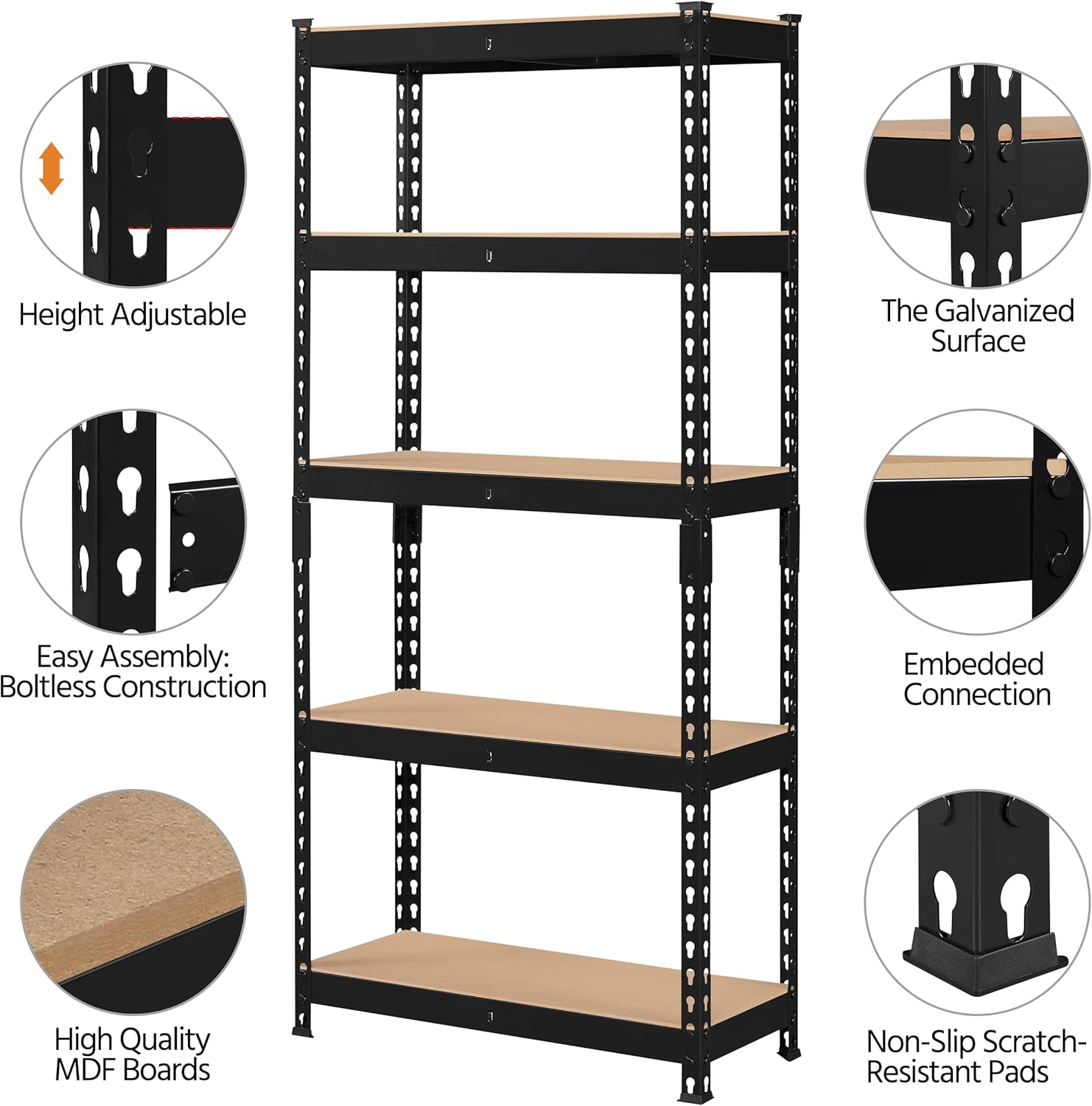5-Tier Utility Shelves, Metal Storage Shelves, Adjustable Shelving Units, Boltless Assembly, Garage Shelves Shed