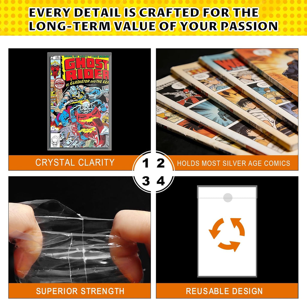 100ct Silver Comic Bags and Boards - Reusable Clear Sleeves & 24PT Boards | Protect Vintage Comics from Scratches