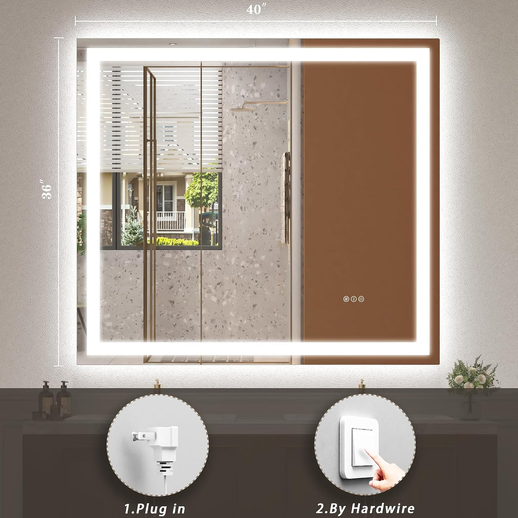 40x36 LED Lighted Bathroom Mirror for Vanity | Front Light and Backlit, Anti-Fog, Memory, 3 Color, Tempered Glass