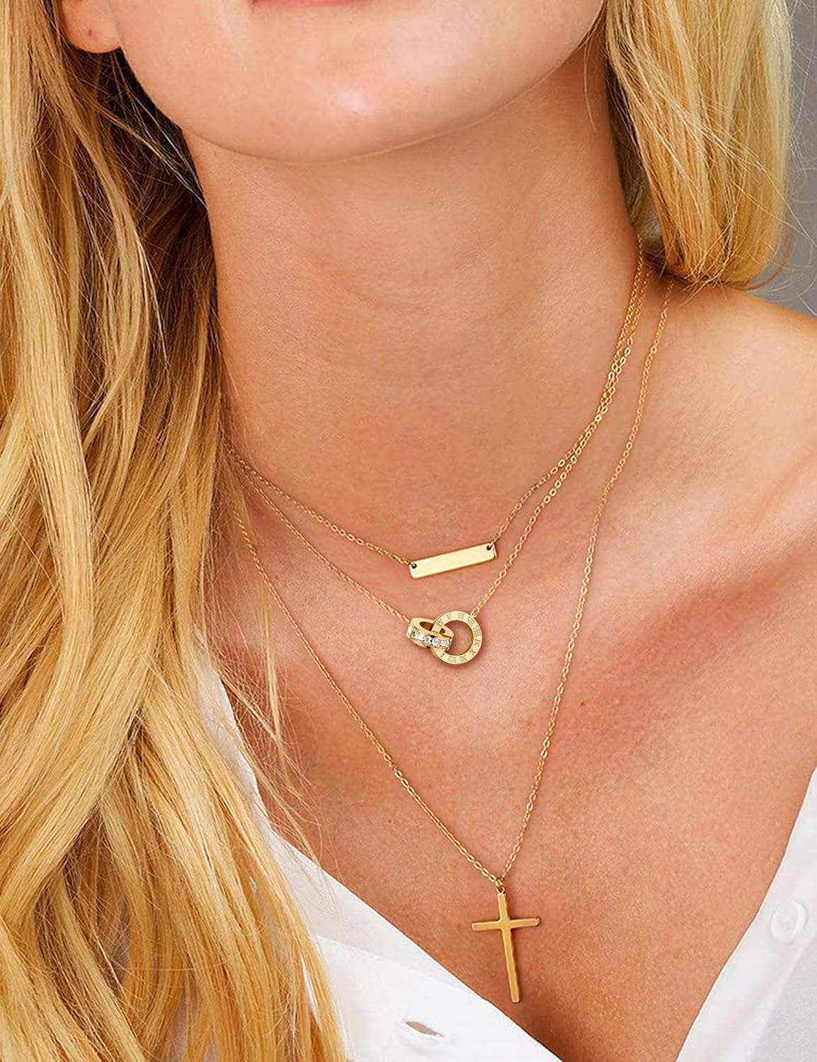 Dainty Necklace Bracelet Earrings Set for Women Gold Silver Rose Gold Diamond Interlocking Circle Jewelry Set for