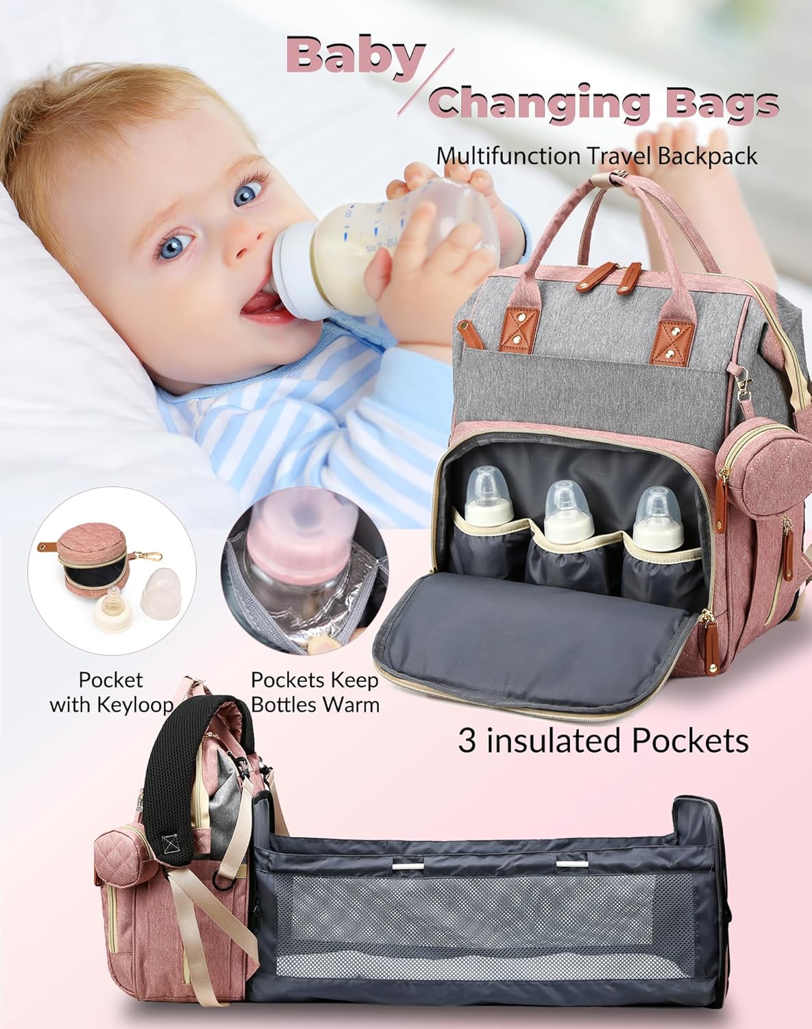 Diaper Bag Backpack with Changing Station, Waterproof Large Capacity, Baby Bag for Mom & Dad, 18 Pockets+USB Port