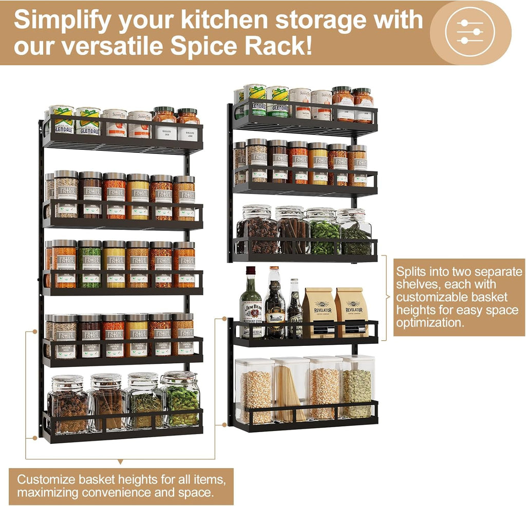 Wall Mount Spice Rack Organizer 5 Tier Height-Adjustable Hanging Spice Shelf Storage for Kitchen Pantry Cabinet