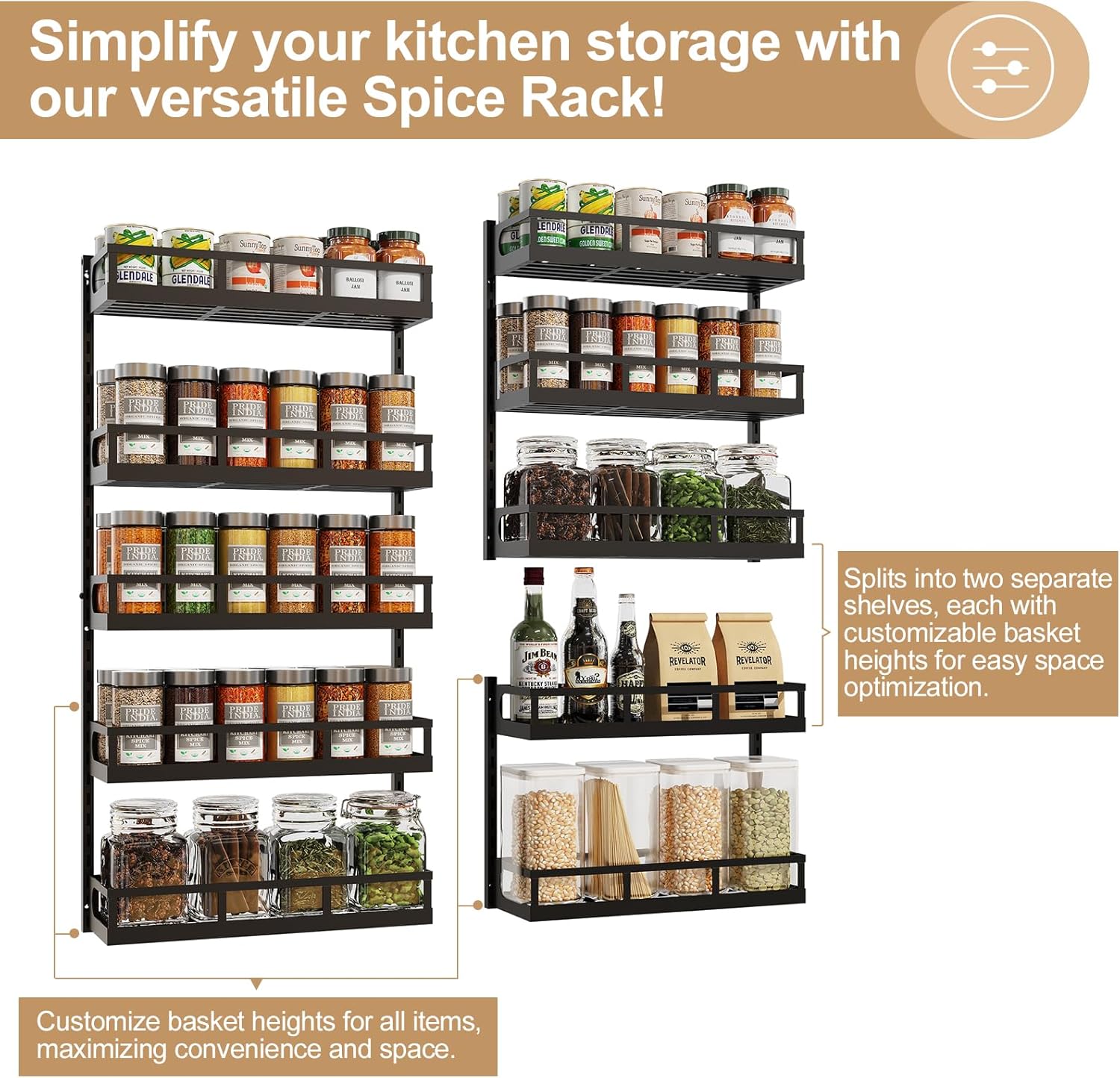 Wall Mount Spice Rack Organizer 5 Tier Height-Adjustable Hanging Spice Shelf Storage for Kitchen Pantry Cabinet