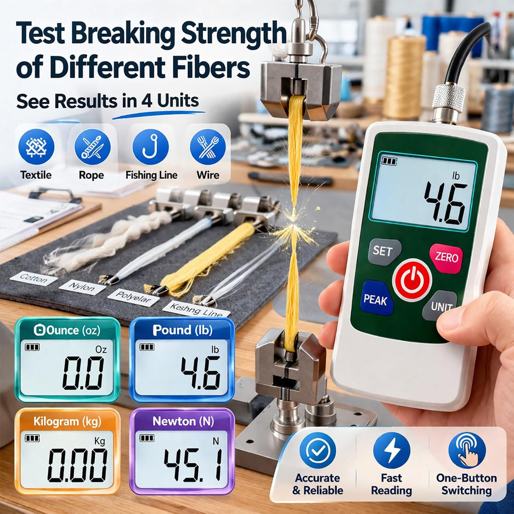 Digital Force Gauge High-Precision Push-Pull Meter for Tension & Compression Testing Units (N, kg, lb, oz) Real-Time/Peak/First Peak Modes Ideal for Quality Control & Material Testing 5N