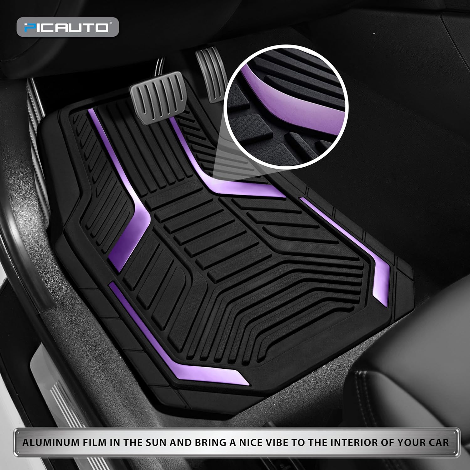 Heavy Duty Rubber Floor Mats, Purple Aluminum Film Car Mats Set, Front and Rear Car Mats with Anti-Slip Backing, All