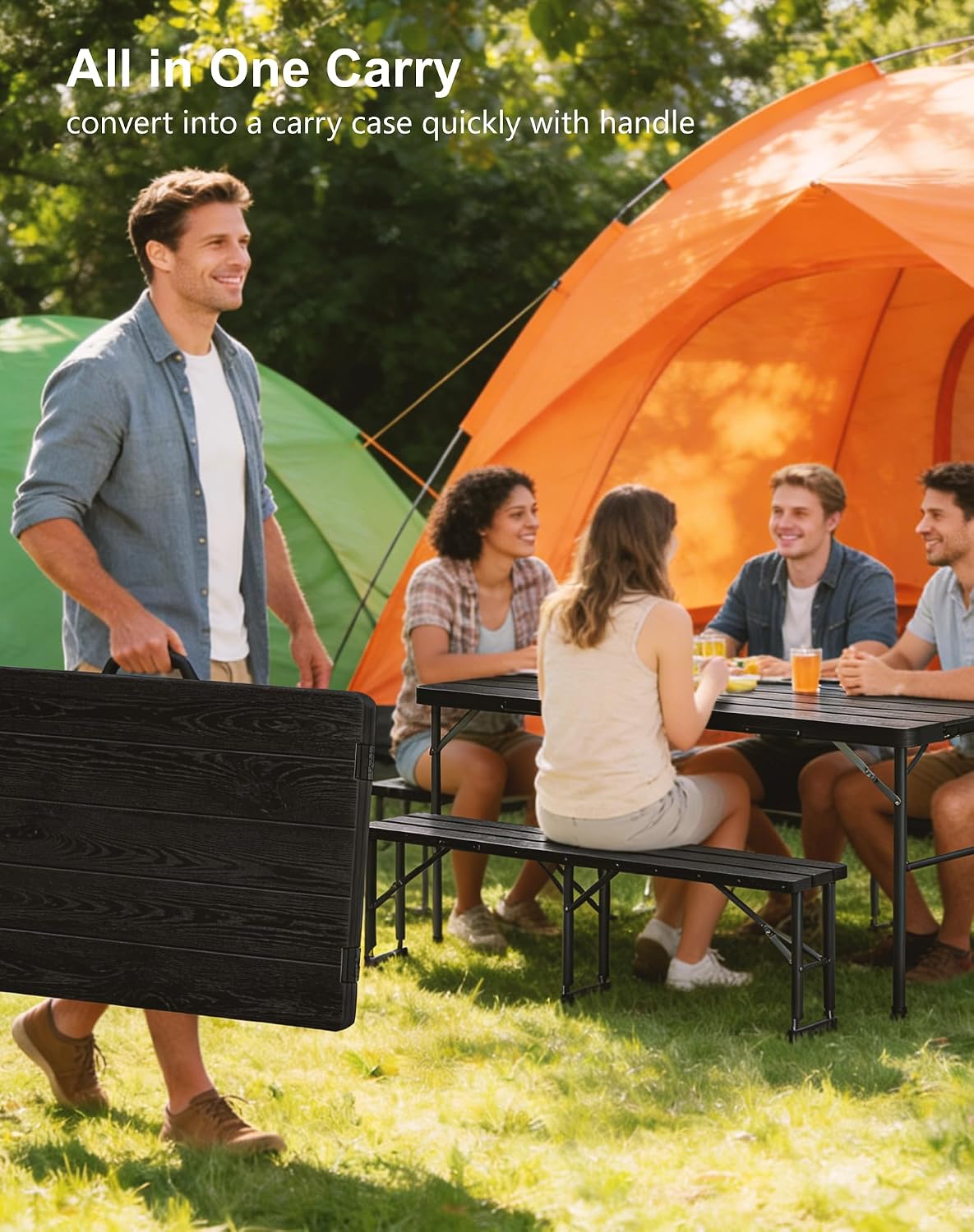 Folding Table with 2 Benches Set, 6FT Picnic Table with 2 Chairs, 3pcs Plastic Camping Tables and Foldable Bench Sets