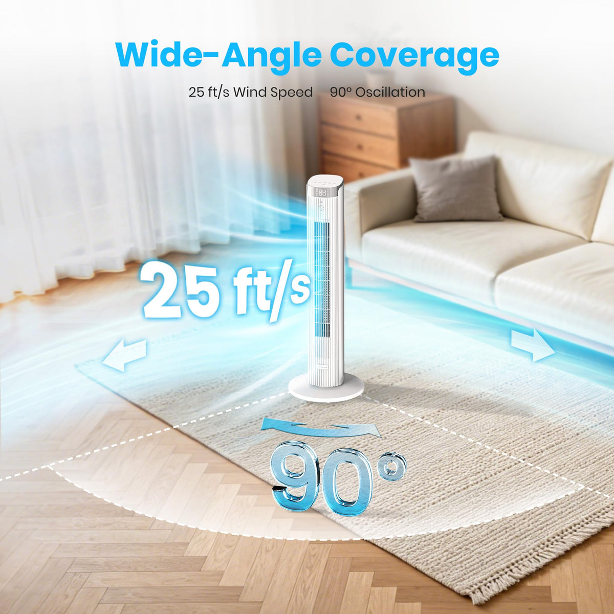 Tower Fan for Bedroom, 23dB, 90°oscillating, Smart Control, White