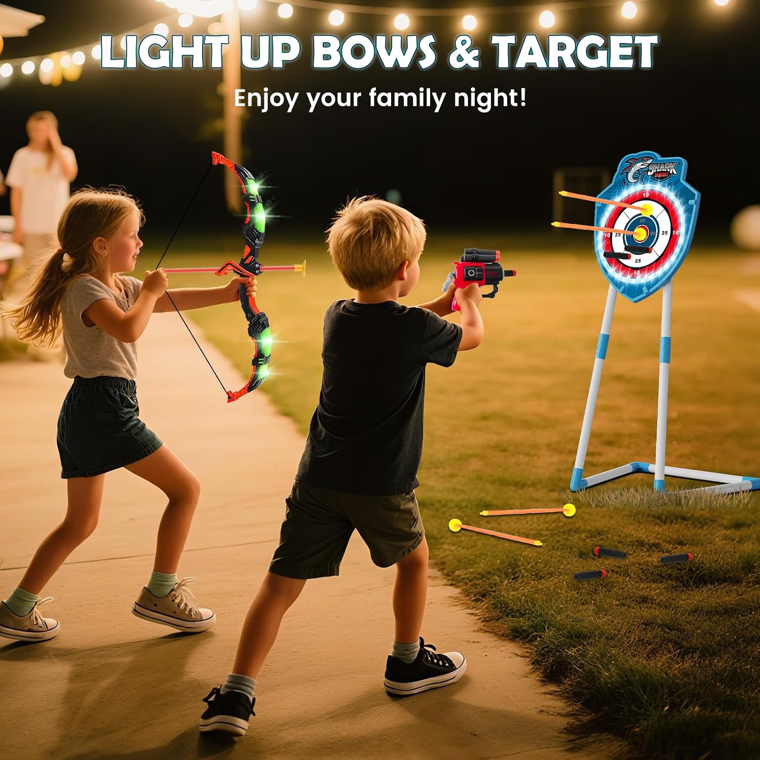 2 Pack Bow and Arrow Toy with LED Light - 4 in 1 Archery & Dart Game Set with 20 Suction Cup Arrows, Shark Glow