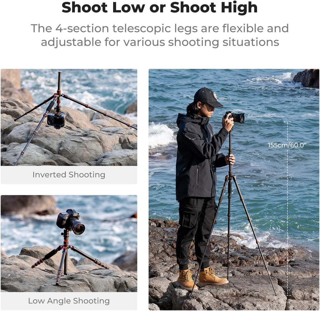60" Carbon Fiber Camera Tripod, Detachable Monopod for SLR DSLR | Max Load 17 lb, Lightweight Compact Travel Tripod