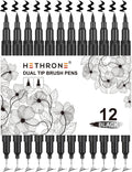 Black Markers for Drawing - Brush Pens with Felt Tips for Artists - Calligraphy Pens, 12 Pack