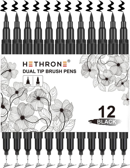 Black Markers for Drawing - Brush Pens with Felt Tips for Artists - Calligraphy Pens, 12 Pack