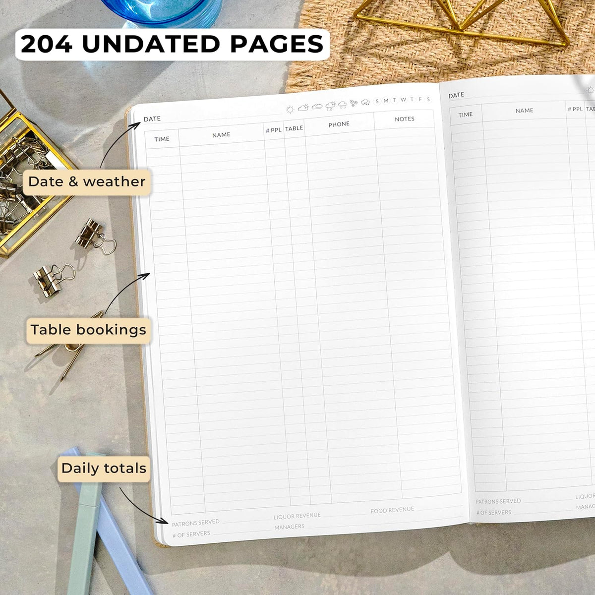 Reservation Book for Restaurant Host, Undated Hardcover, Seashell