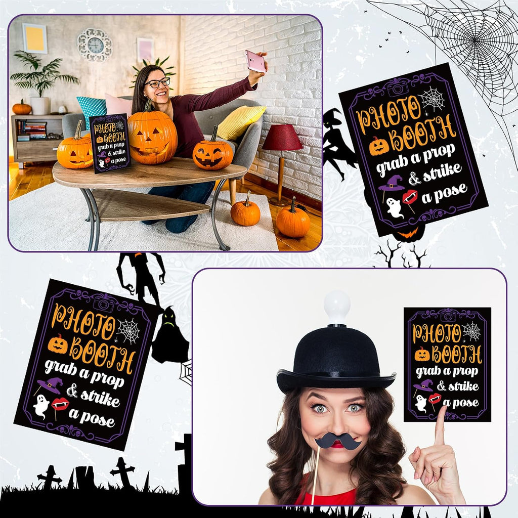 Photo Booth Sign with Stand Retro Background Table for Halloween Indoor and Outdoor Party Theme Event Photography