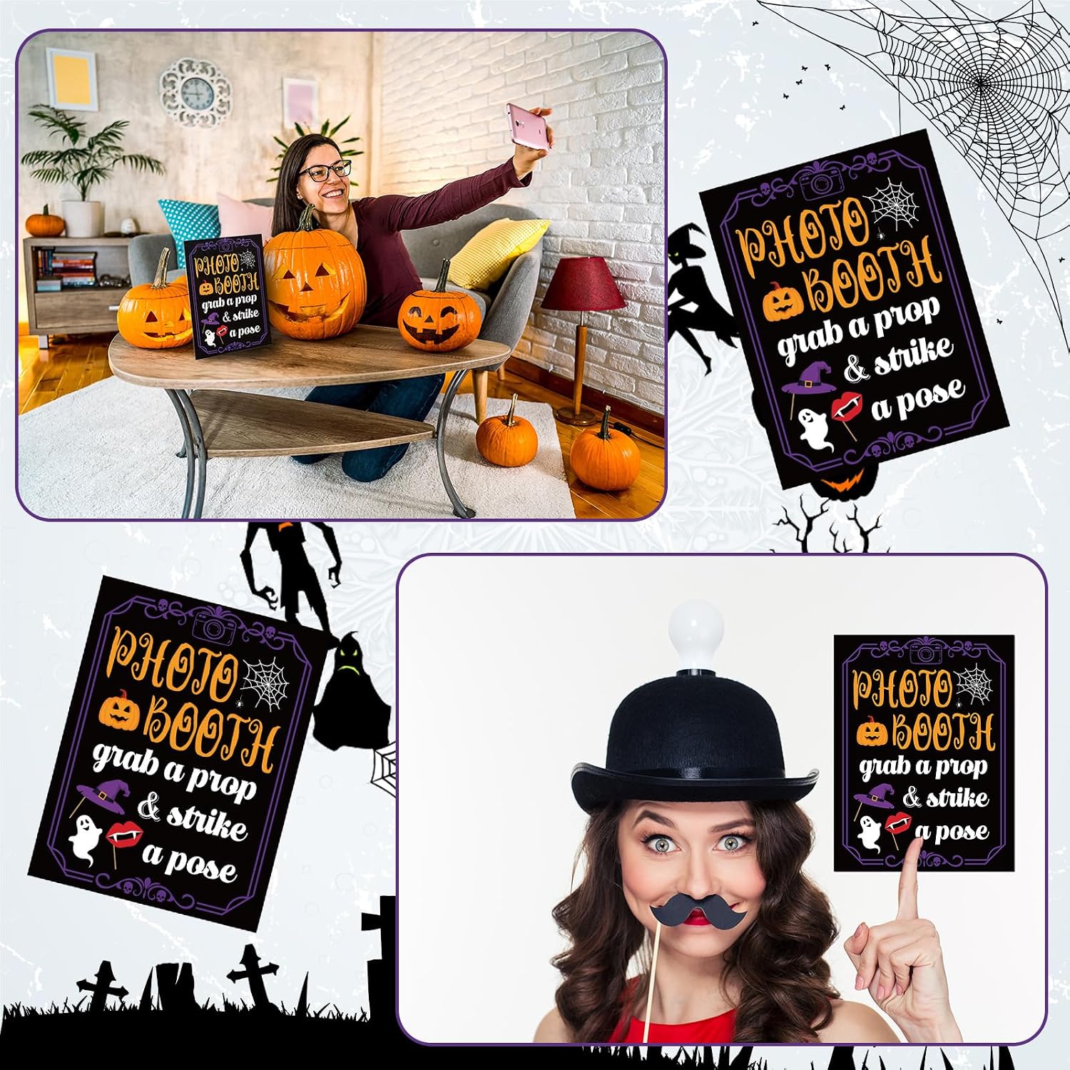 Photo Booth Sign with Stand Retro Background Table for Halloween Indoor and Outdoor Party Theme Event Photography