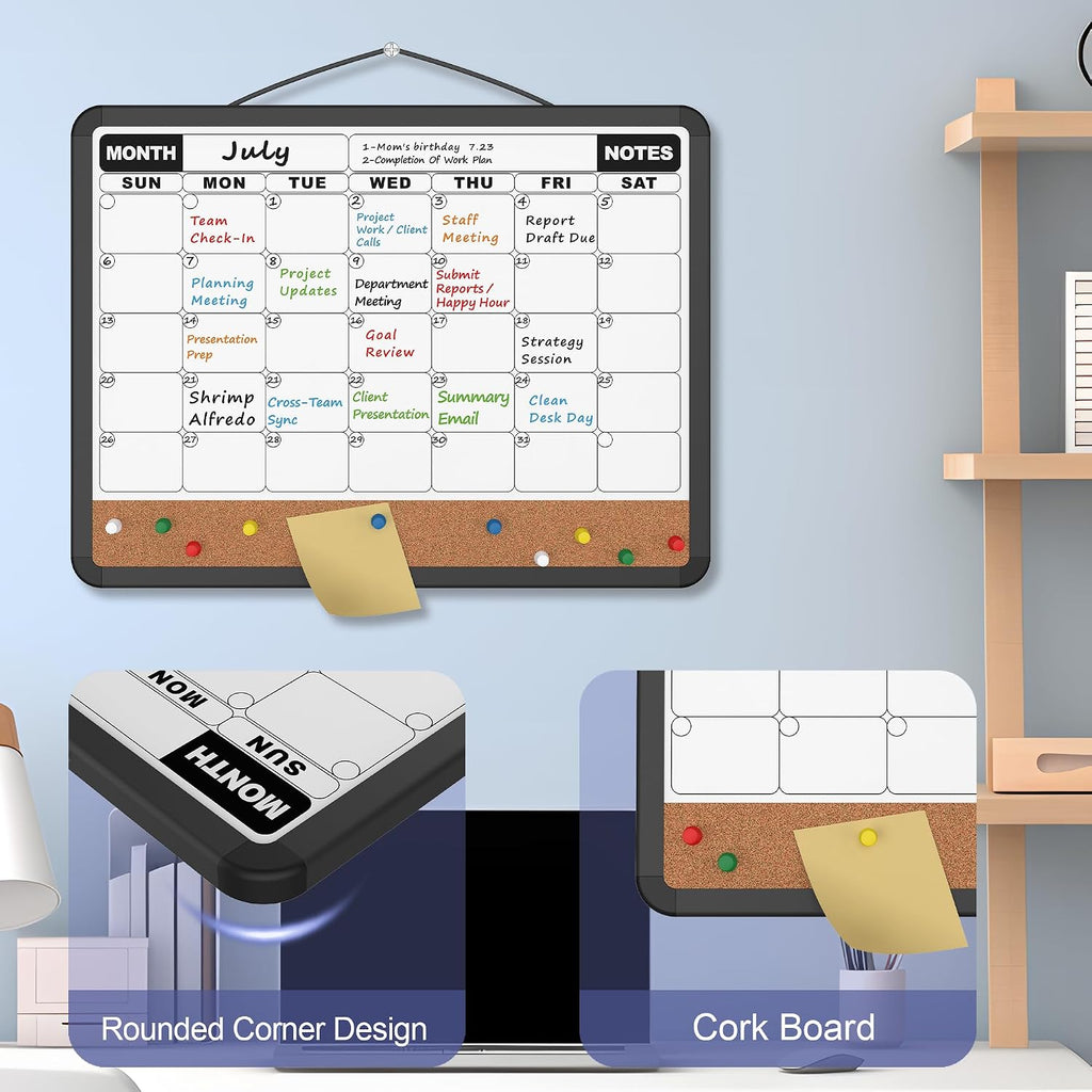 Monthly Calendar Dry Erase Board 16x12 Inch, Double-Sided Whiteboard and Corkboard Combo with Black Plastic Frame
