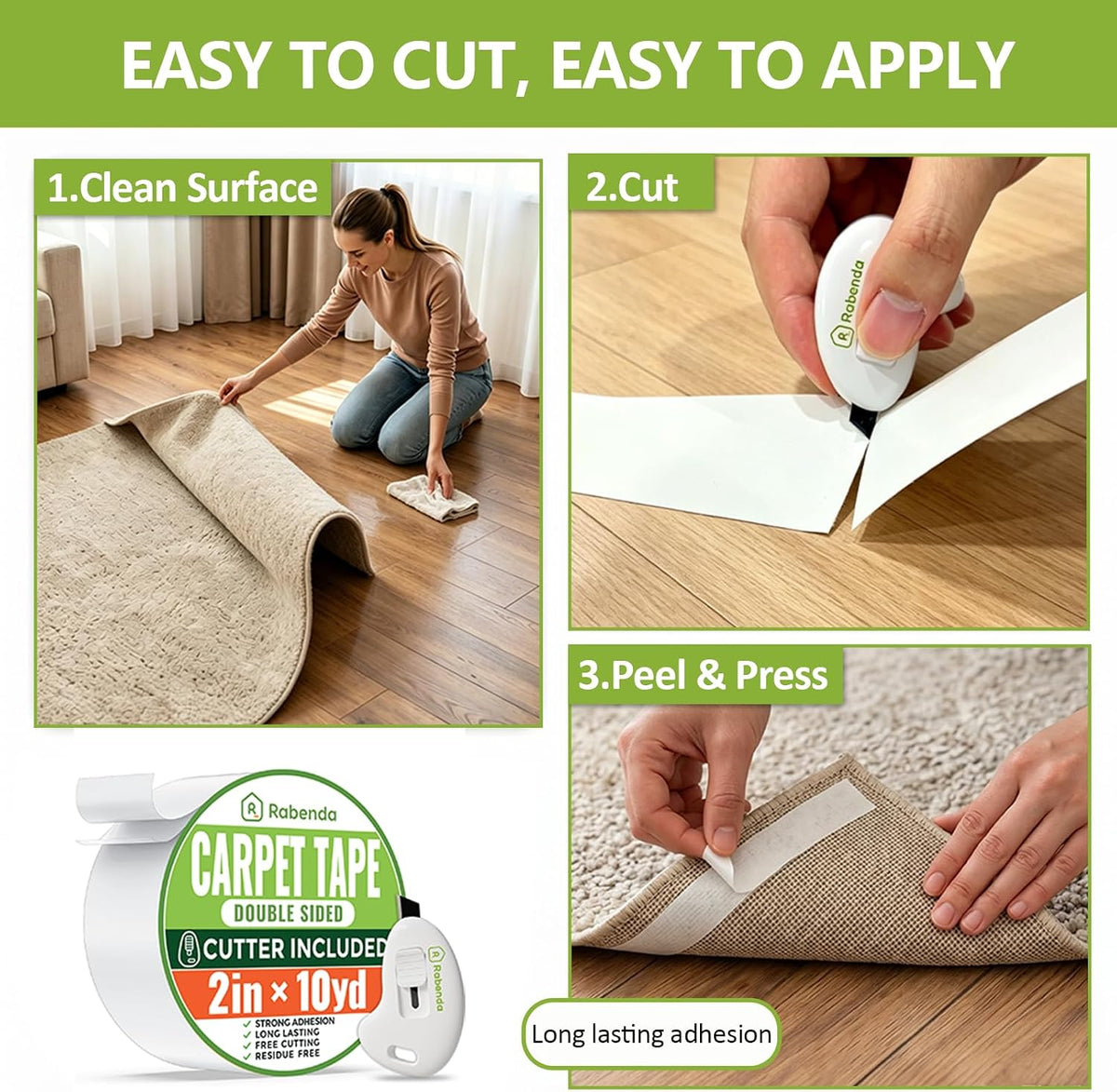 Double Sided Carpet Tape for Area Rugs, Includes Anti Stick Cutter