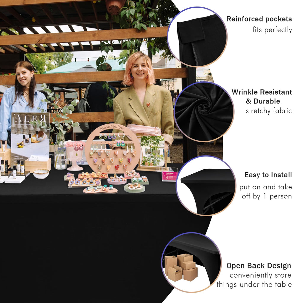 2 Pack Spandex Fitted Black Tablecloth for 4 Foot Tables-Open Back Folding Table Cover Washable Fabric Stretch, Tight