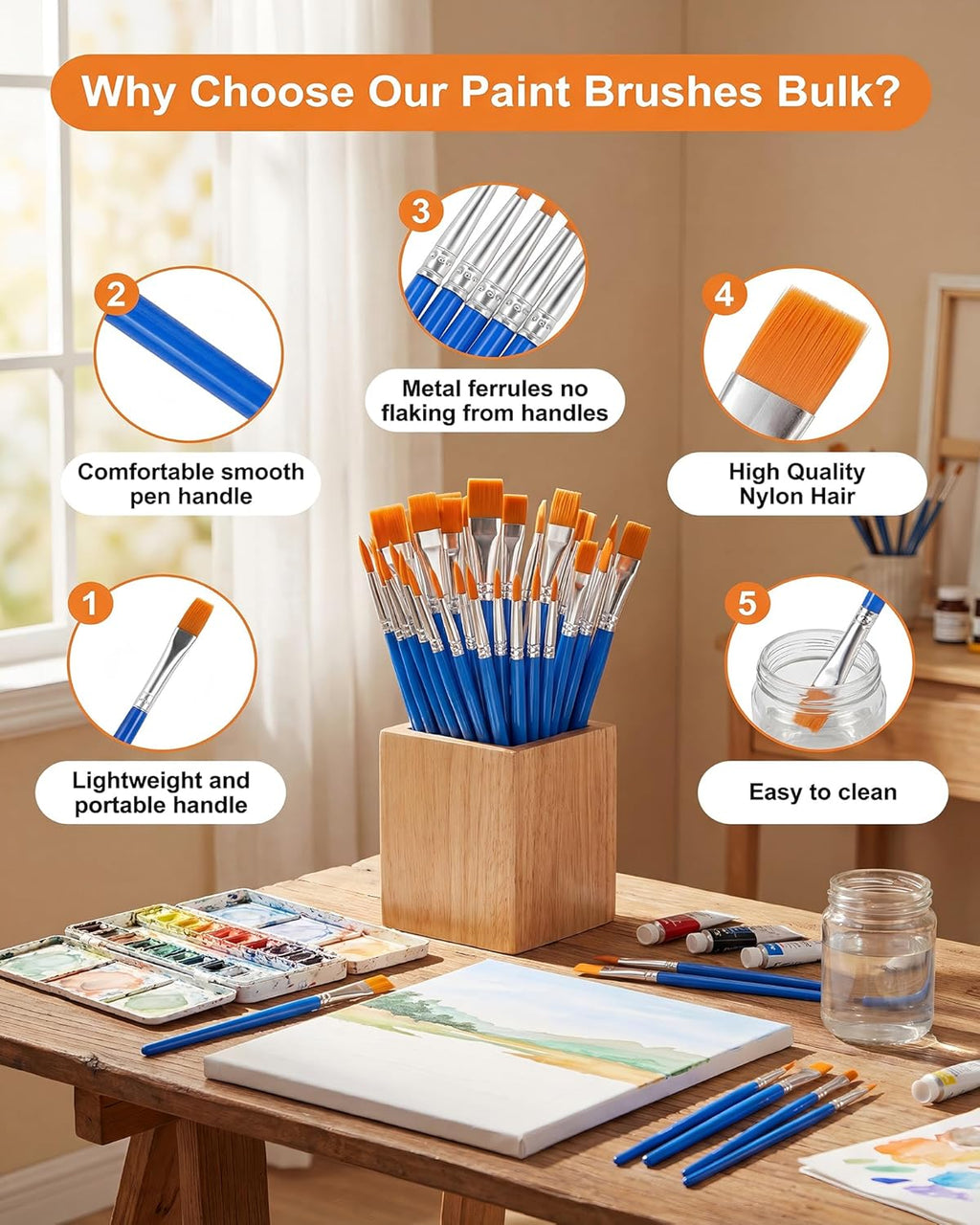 Small Paint Brushes Bulk, 160 Pcs Flat Tip Round Acrylic Paint Brushes for Kids Classroom Acrylic Watercolor Canvas