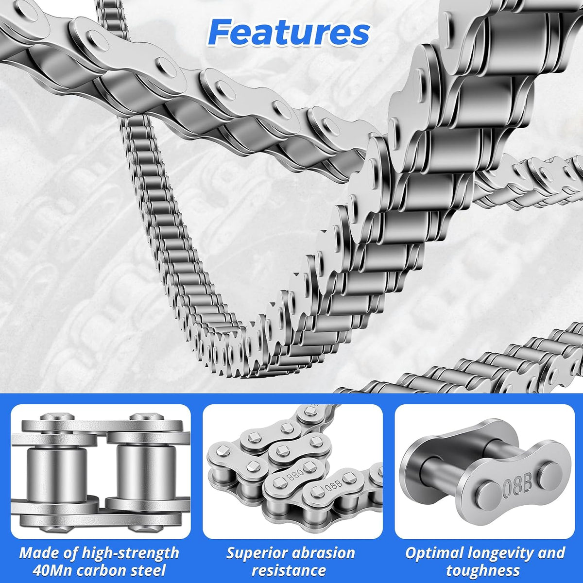 428 Roller Chain 20 Feet 478 Links, 08B Simplex Roller Chain for Chain Driven Sliding Gate Garage Openers, Extension 08B Metric Standard 428#, Includes Chain Breaker and 12 Connecting Links