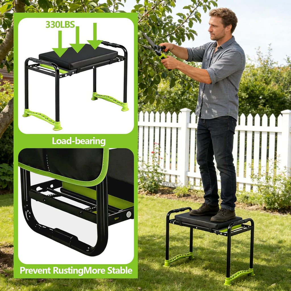 Garden Kneeler and Seat, Heavy Duty Gardening Stool with 1.8" Thick Detachable Kneeling Pad, Foldable Bench Chair
