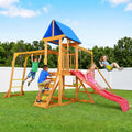 Wooden Swing Sets for Backyard, Kids Outdoor Playground Set with Monkey Bars, Wave Slide, 2 Belt Swings, Climbing