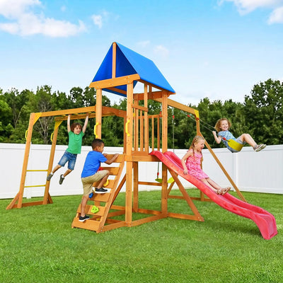 Wooden Swing Sets for Backyard, Kids Outdoor Playground Set with Monkey Bars, Wave Slide, 2 Belt Swings, Climbing