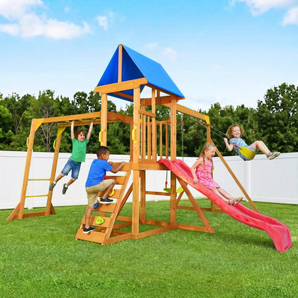 Wooden Swing Sets for Backyard, Kids Outdoor Playground Set with Monkey Bars, Wave Slide, 2 Belt Swings, Climbing