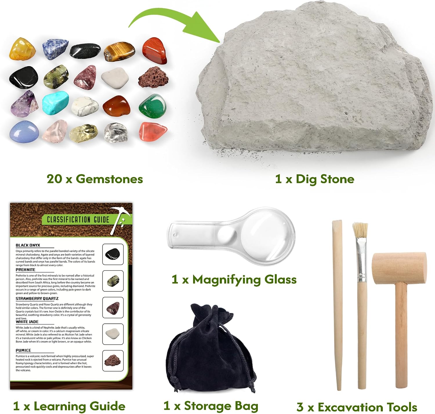 Gemstone Dig Kit for Kids, 20 Real Gems, Science Excavation Gift | Rocks Stones Collection,Ages 8-12 Fit,STEM