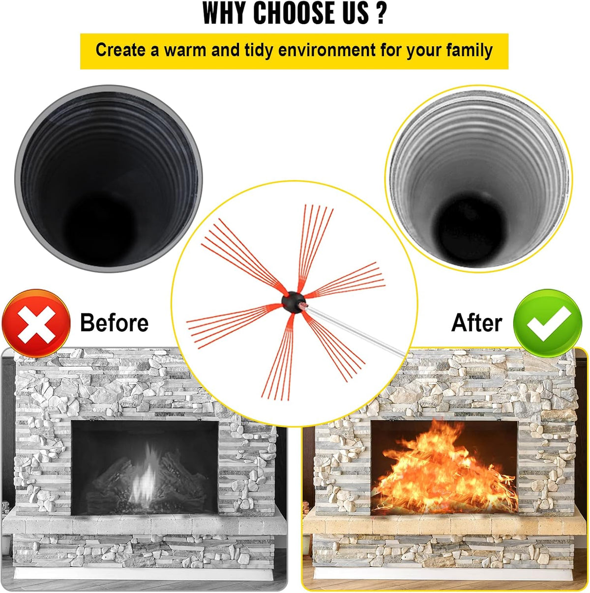 Chimney Sweep Kit 23FT Length, Chimney Brush Kit with 7 Nylon Flexible Rods, Rotary Chimney Cleaning Kit Driven by