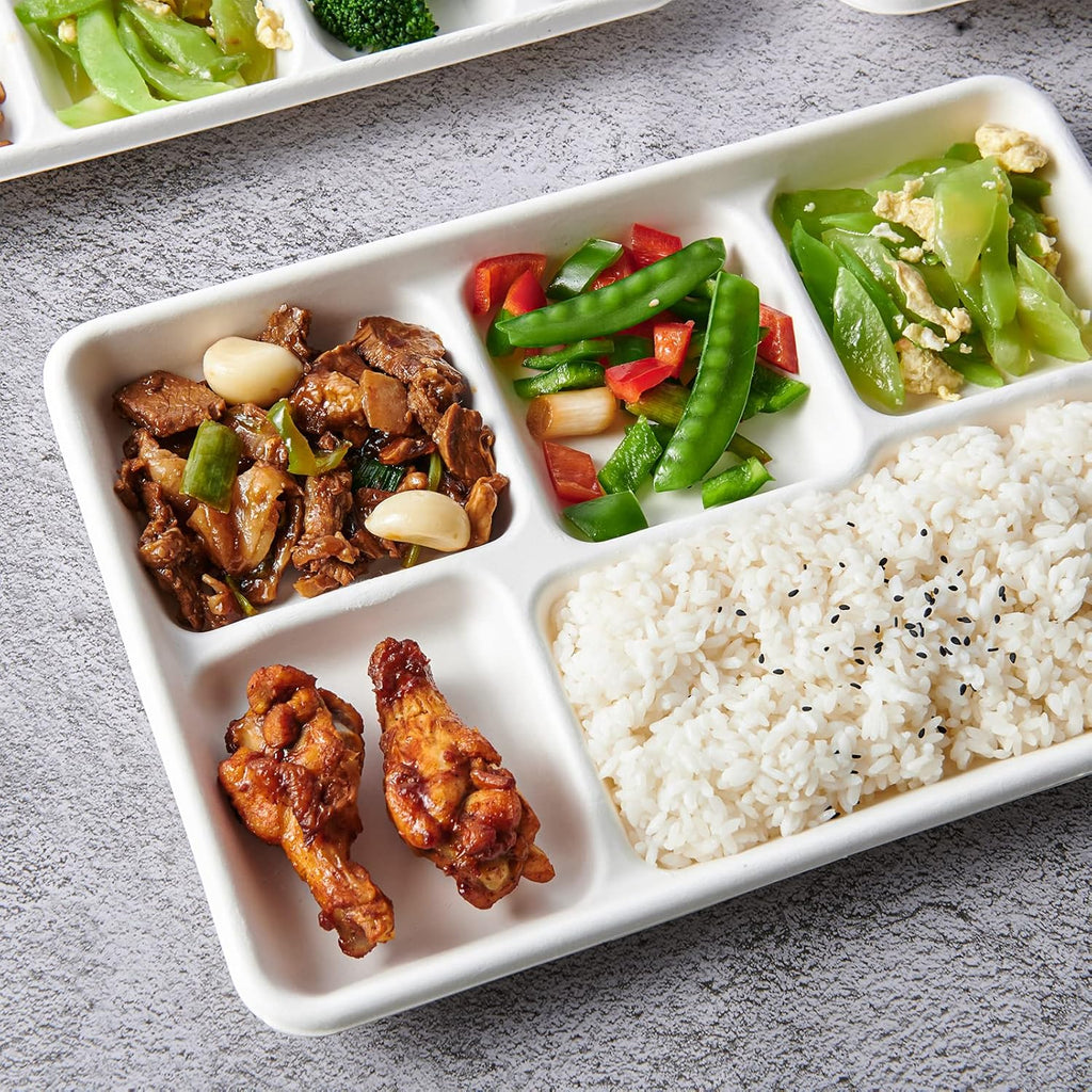 Compostable 5 Compartment Paper Plates, 100 Pack, 12.5 x 8.6 inch